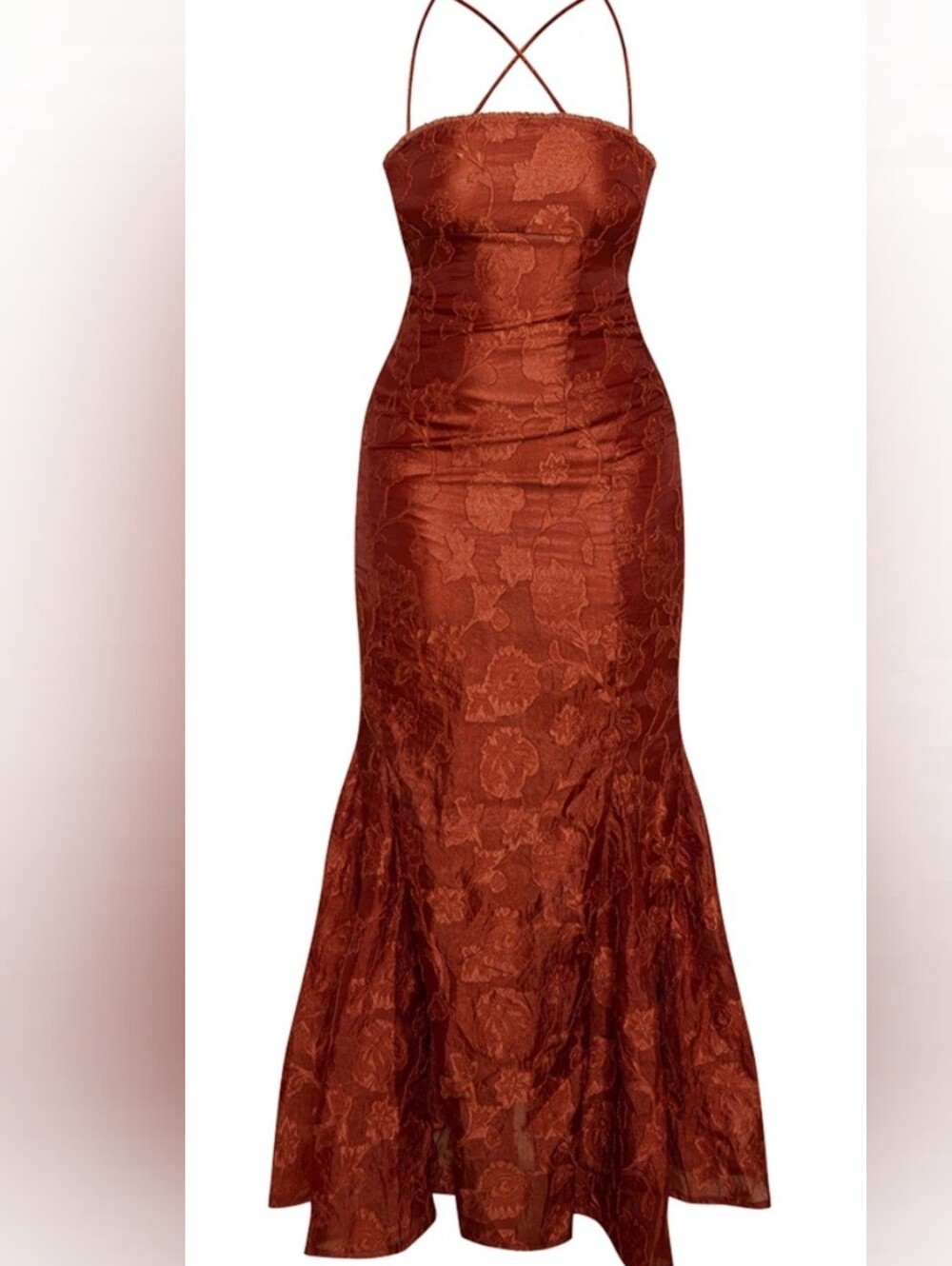 Elegant Rust Floral Jacquard Mermaid Styled Dress